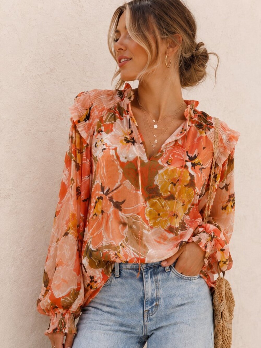 MINKPINK Floral Ruffle Blouse Womens Size XS Orange Boho Feminine Semi Sheer